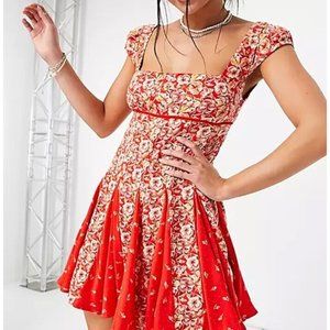 NWT! Free People $128 Ponderosa Mini Swing Dress Lace Up Back Red Floral Boho XL